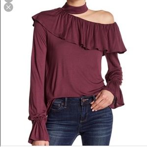 $189 Paige Rayden Ruffle Long-Sleeve One Shoulder Blouse Top Size S Mauve Wine